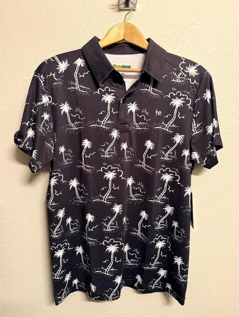 Tipsy Elves Black Palm Tree Print Polo Shirt New With Tags Size Small